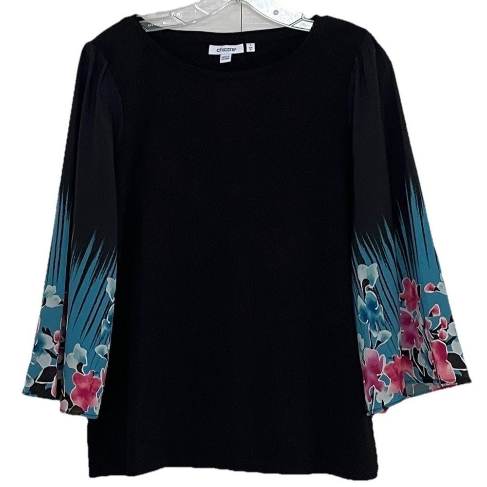 Chicos Womens Blouse M/1 Black Floral 3/4 Bell‎ Sleeve Pullover Comfort Stretch